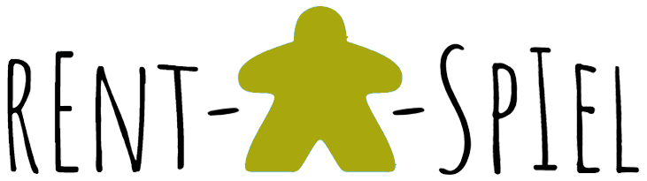 Logo des Brettspiel-Verleihs 'Rent-A-Spiel', Schriftzug mit Meeple